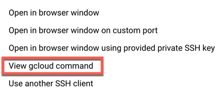 dropdown menu with View gcloud command option selected