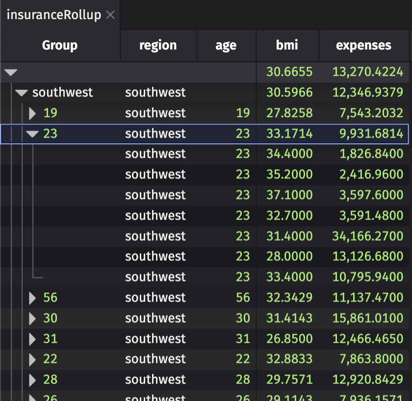 A rollup table grouped by region and age