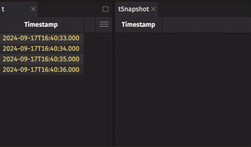 A user creates a static snapshot of the ticking table t