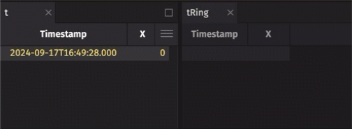 Two Deephaven tables - a time table 't', and a 5-row ring table, 't_ring'