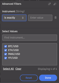 Advanced Filters panel