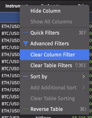 Options to remove filters in the Column Header context menu