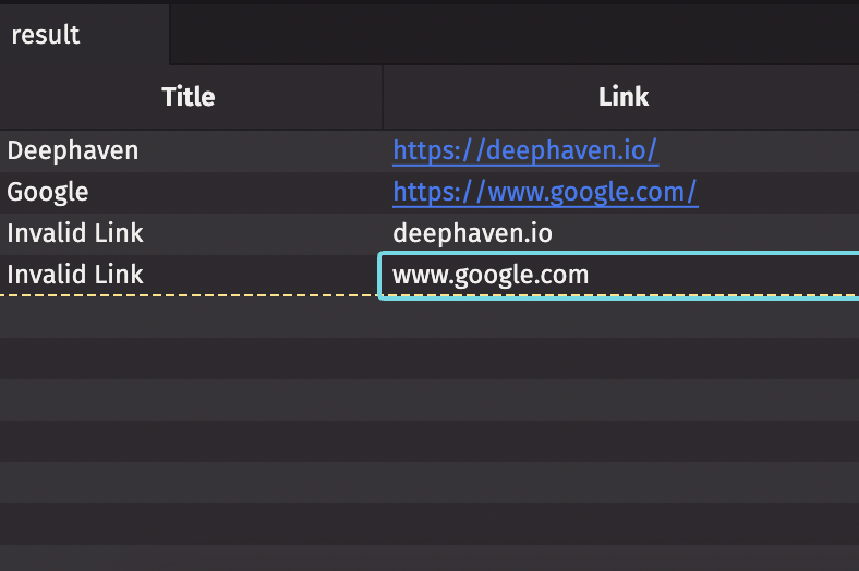 An input table contains both valid and invalid links, with valid links underlined and highlighted in blue