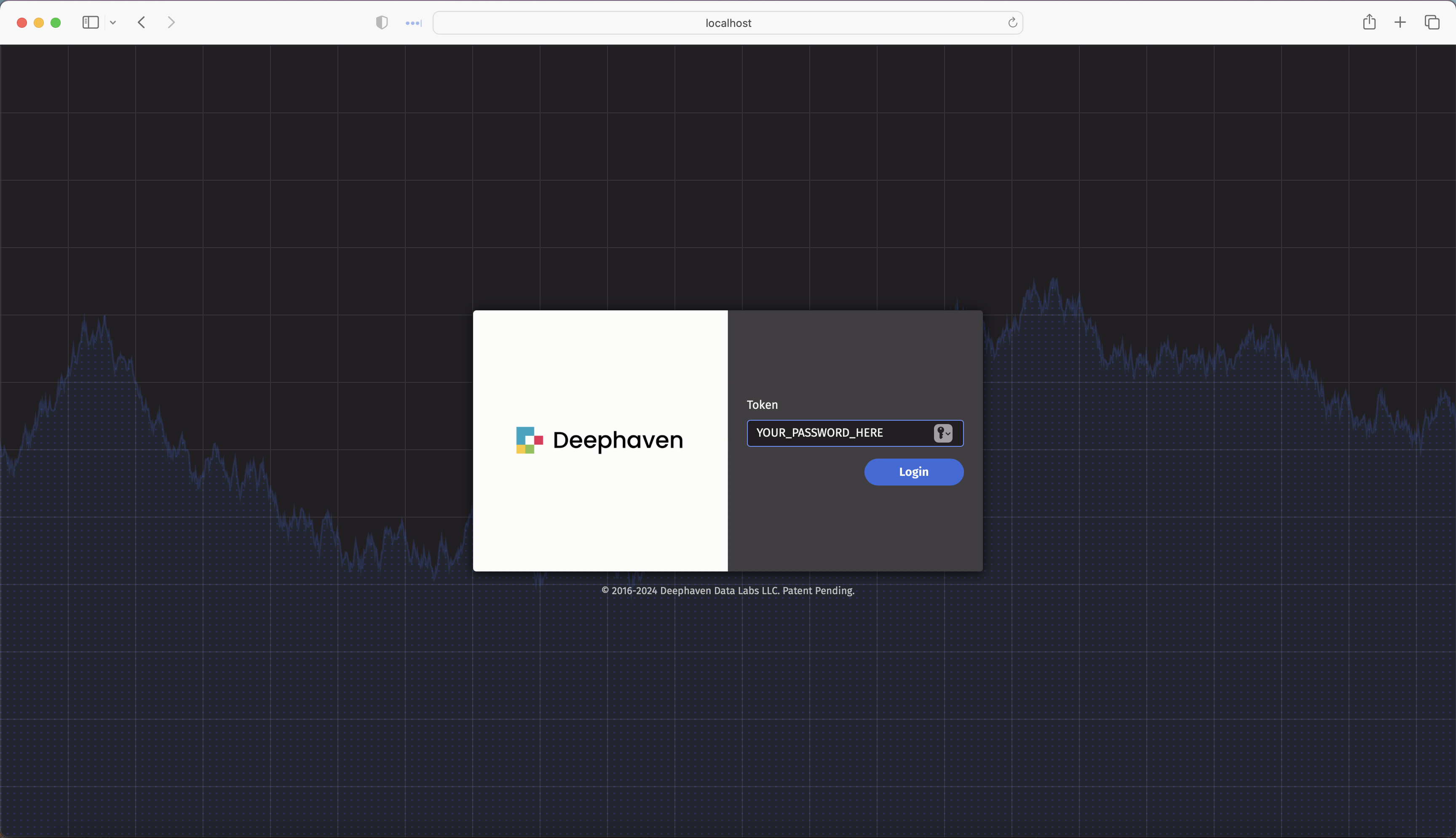 Screenshot of Deephaven launch page prompting for a password token