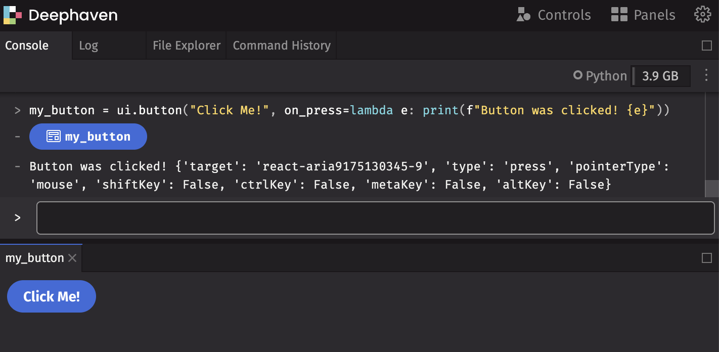 Whenever the button is pressed, event details are printed to the console.
